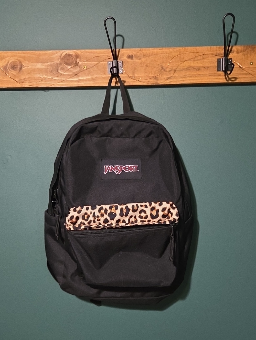 JanSport Black Backpack with Leopard Pocket